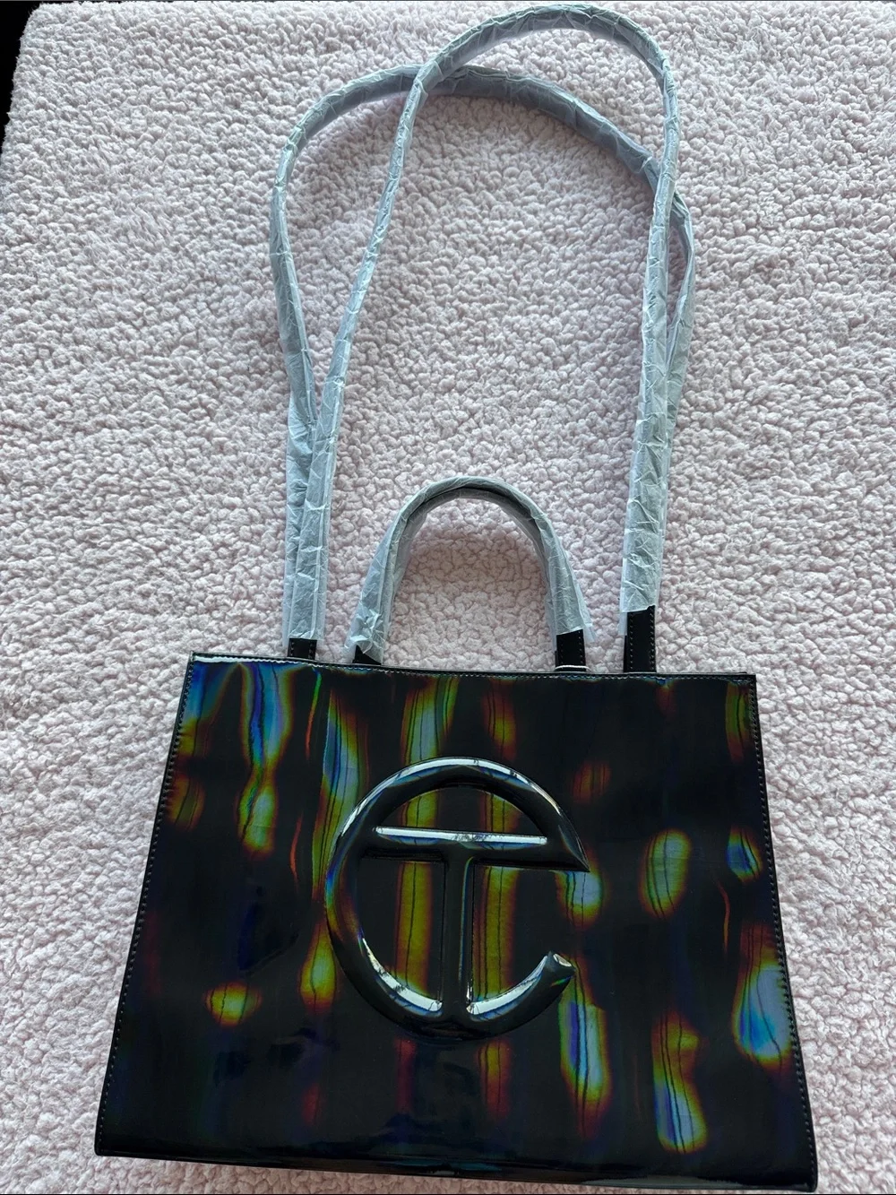 Medium Telfar Iridescent Black Holographic Tote with Top Handles
